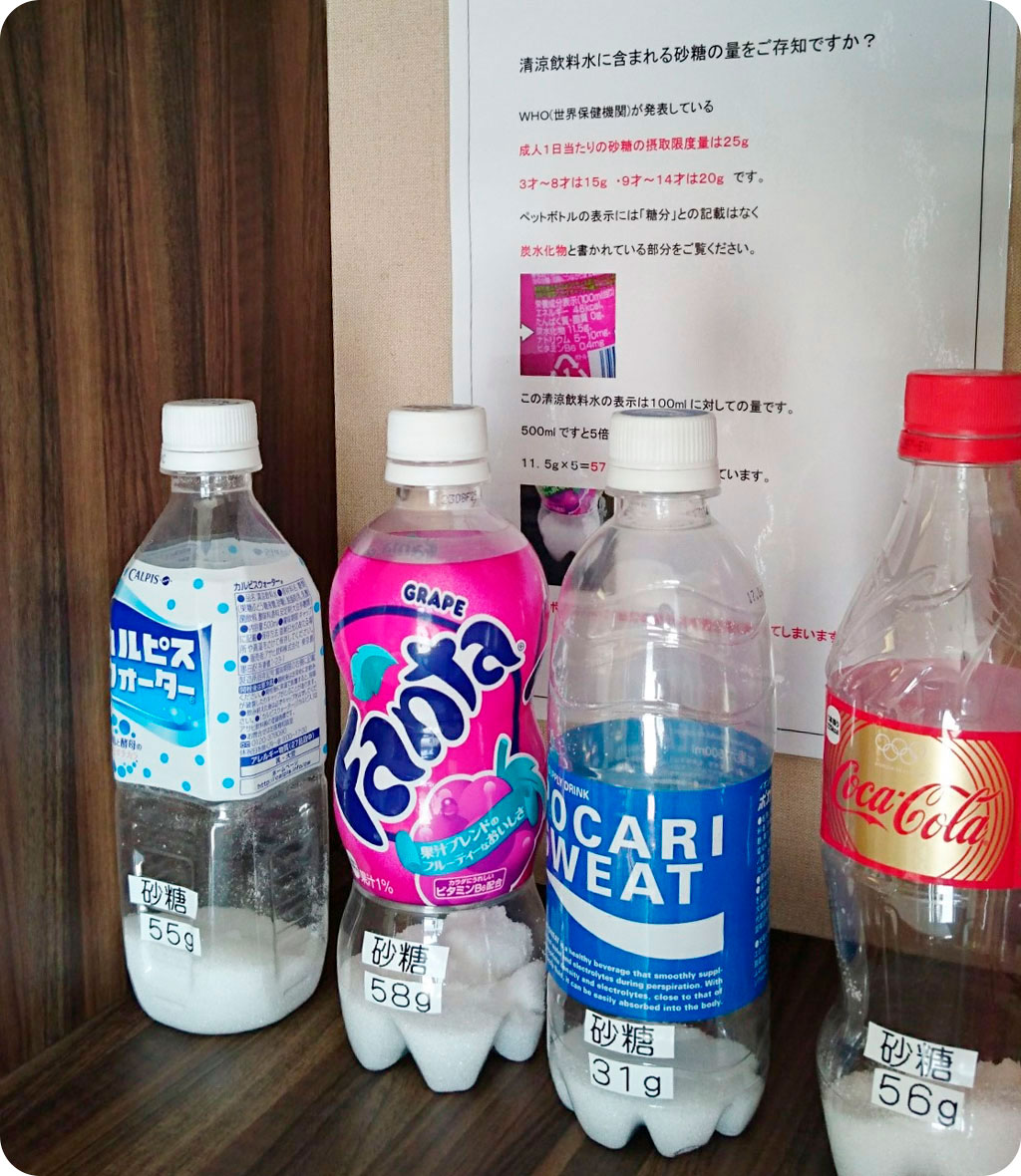 砂糖の含有量を示したペットボトルの掲示物